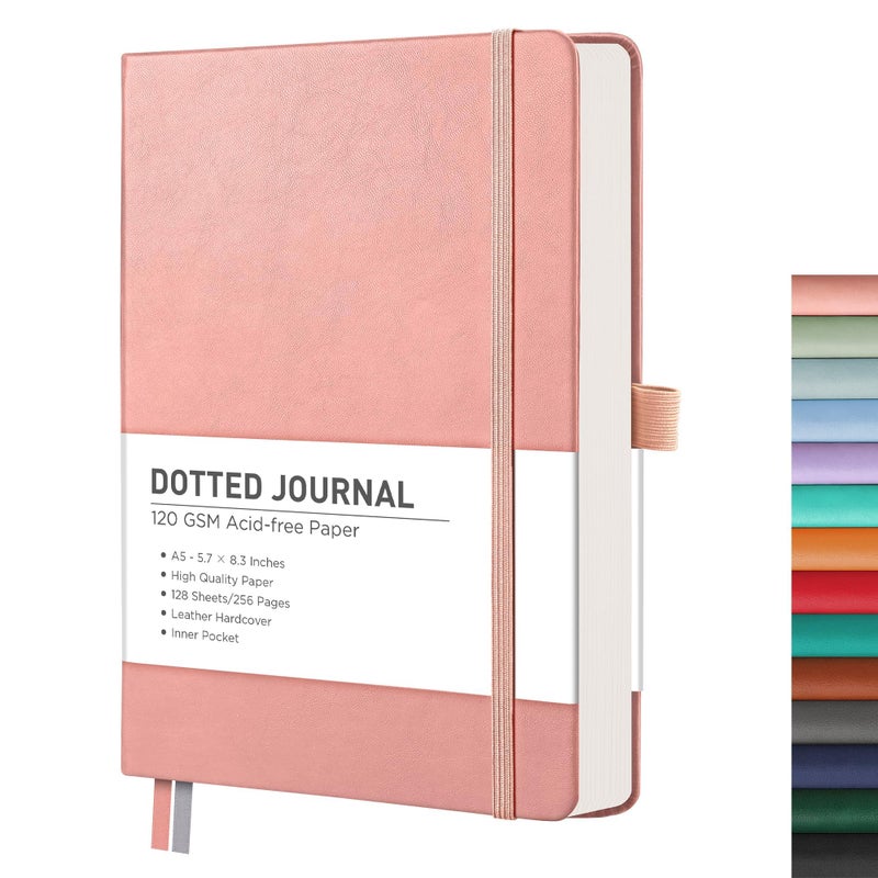RETTACY Bullet Dotted Journal Notebook, 256 Pages, A5 Medium Size (5.7'' Ã— 8.3''), Leather Hardcover, 120 GSM Thick Paper, for Bullet Journaling, Planning, Tracking (Pink) - Image 1